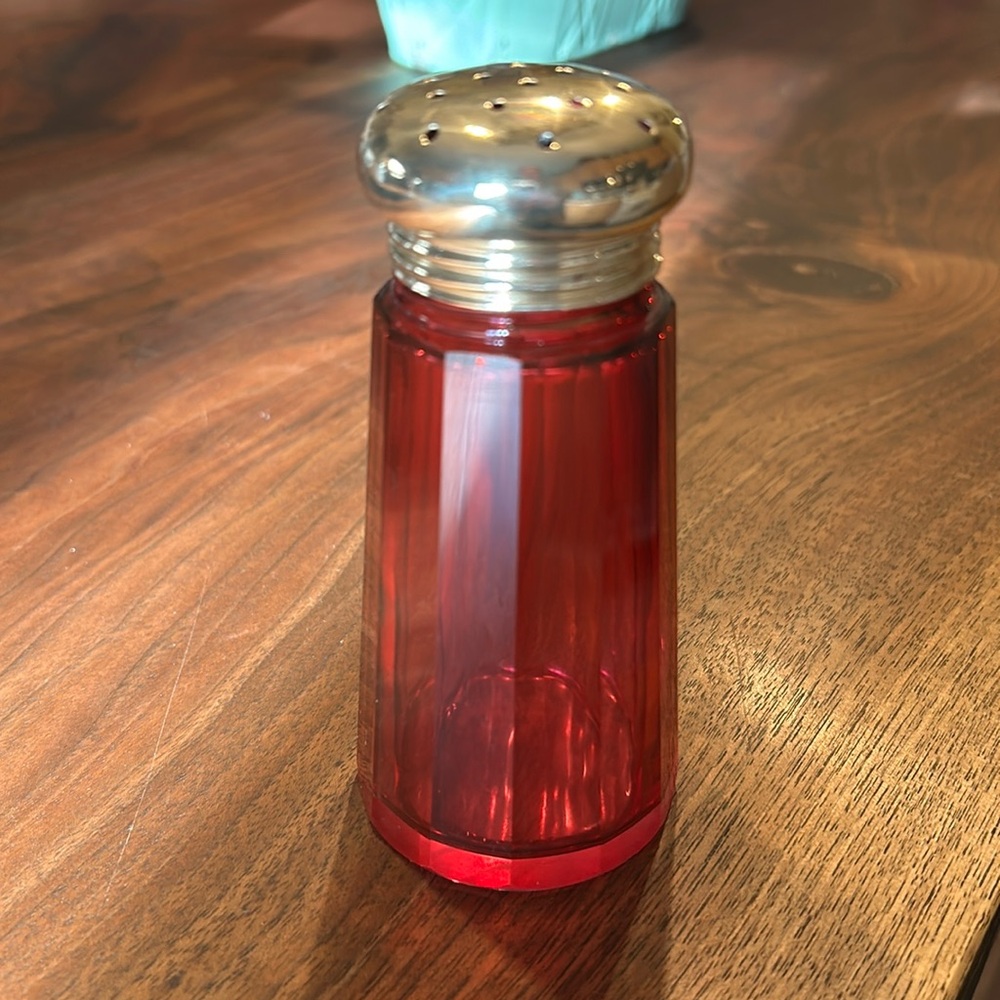 Victorian Cranberry Glass Sugar Shaker, Muffineer, With Silver Plated Lid